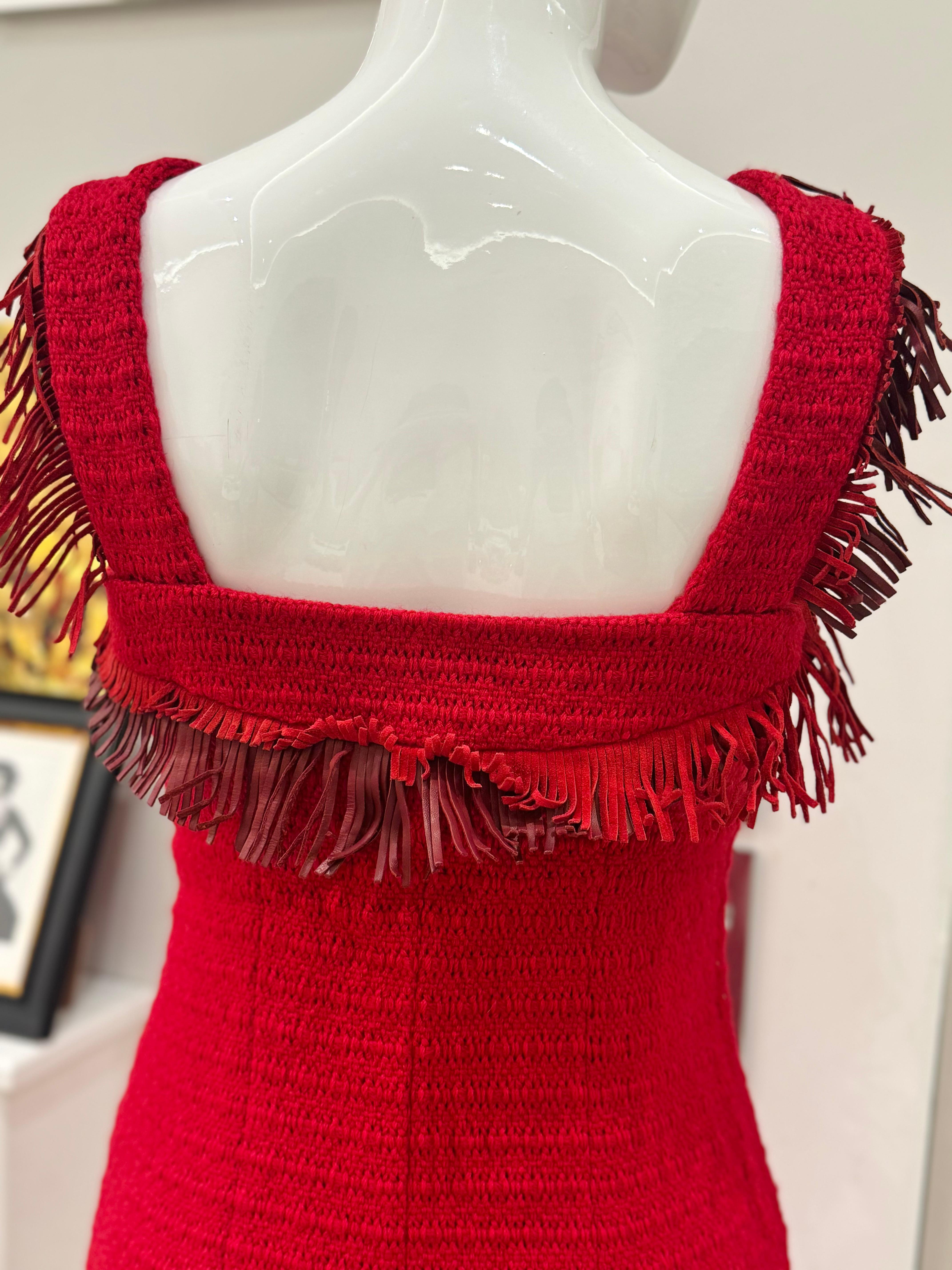 Women's Chanel Paris Dallas 2014 runway tweed fringe dress For Sale