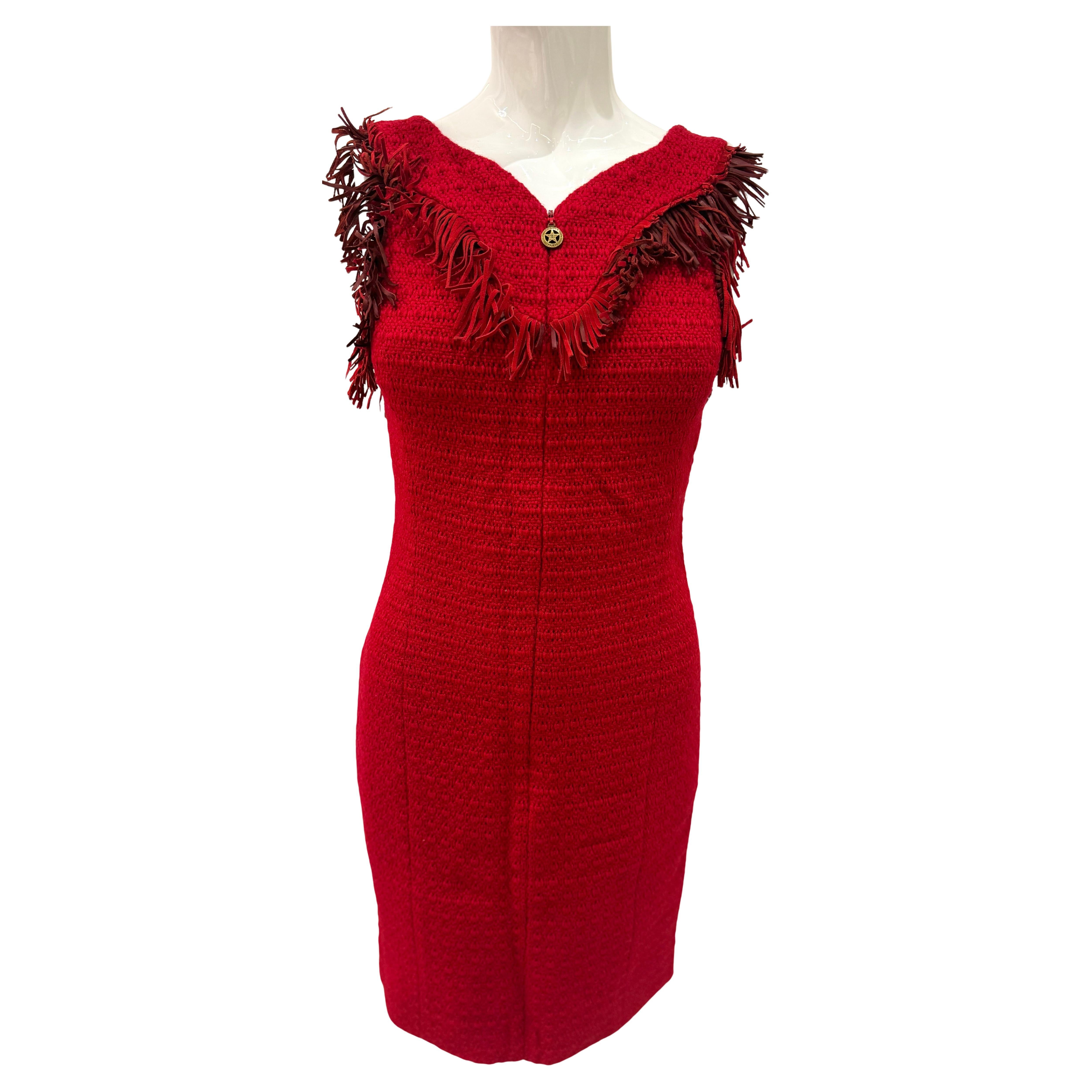 Chanel Paris Dallas 2014 runway tweed fringe dress For Sale