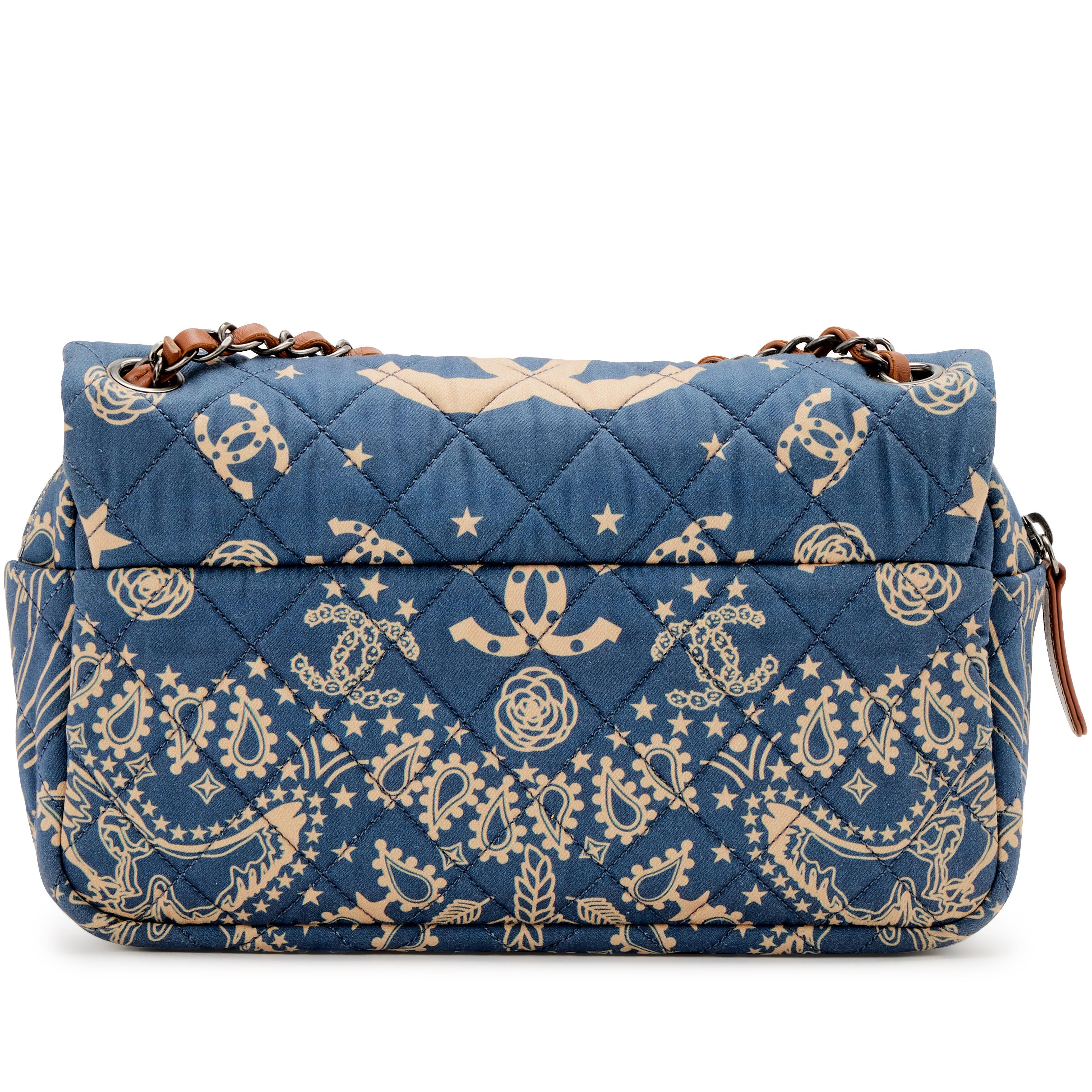 Gray Chanel Paris-Dallas Bandana Medium Blue & Beige Quilted Classic Flap Canvas Bag