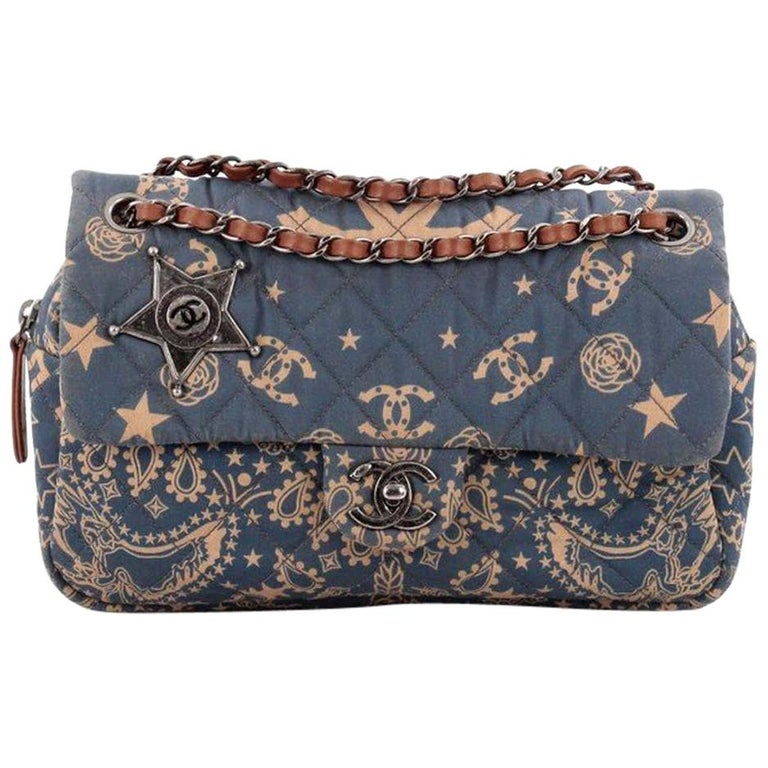 Chanel Paris-Dallas Bandana Medium Blue & Beige Quilted Classic Flap Canvas Bag For Sale