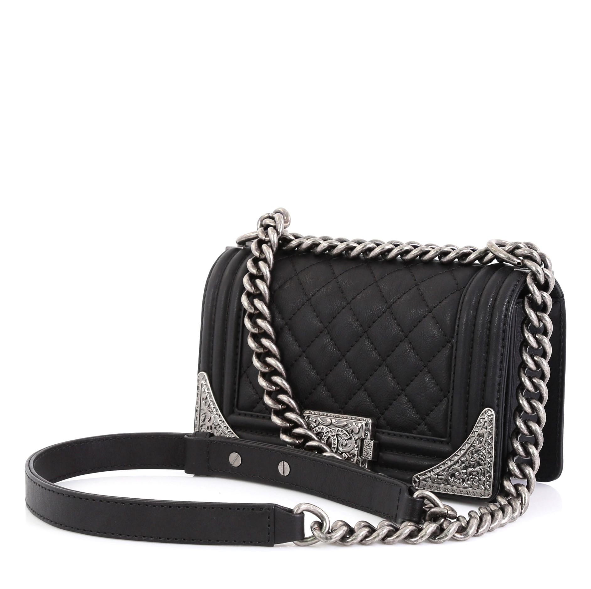 Black Chanel Paris-Dallas Boy Flap Bag Quilted Calfskin with Metal Adornments Small