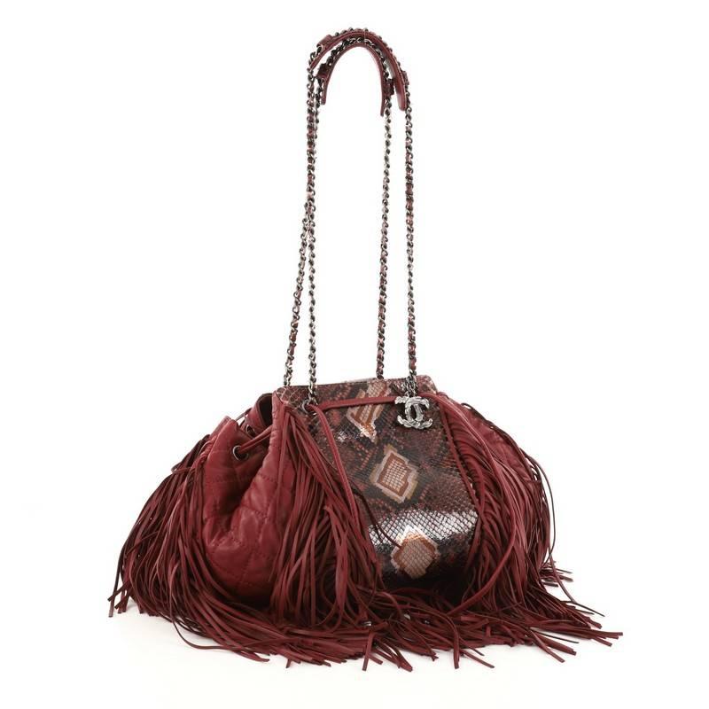 Brown Chanel Paris-Dallas Drawstring Fringe Shoulder Bag Python and Leather Large