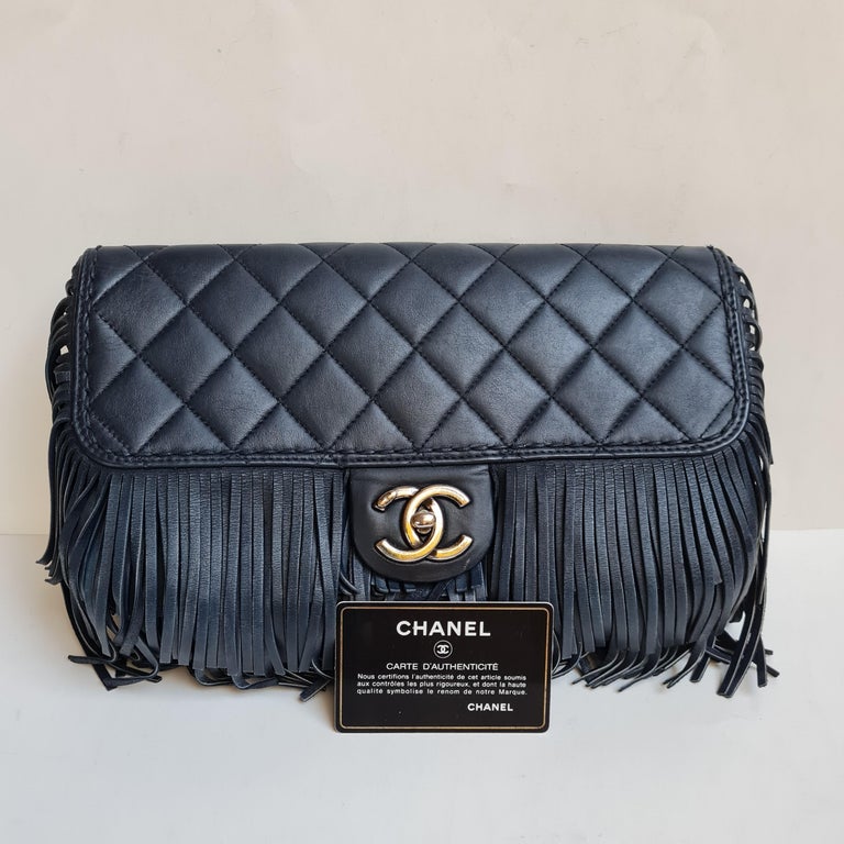 Vintage Chanel Black Quilted Leather Shoulder Bag Fringe Gold
