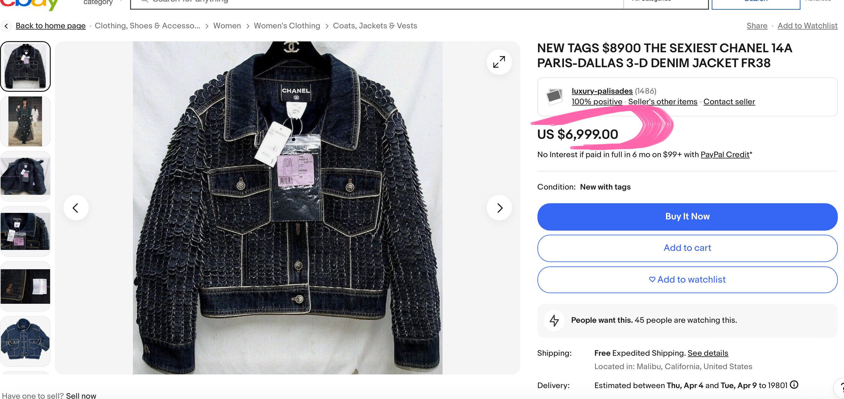 Iconic Chanel washed denim jacket from Catwalk of Paris / DALLAS Collection, 2014 Metiers d'Art
- As seen in Ad Campaign
- gold trim throughout
- tonal CC logo lining
Size mark 38 FR. Condition is pristine.