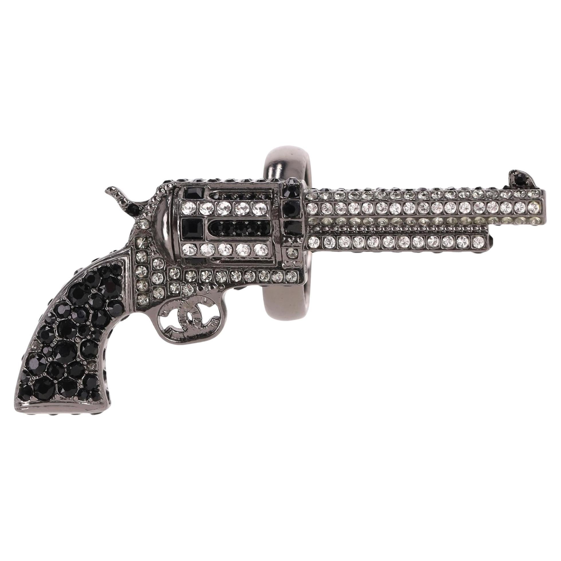 Chanel Paris Dallas Ruthenium & Crystal 'CC' Logo Gun Ring
