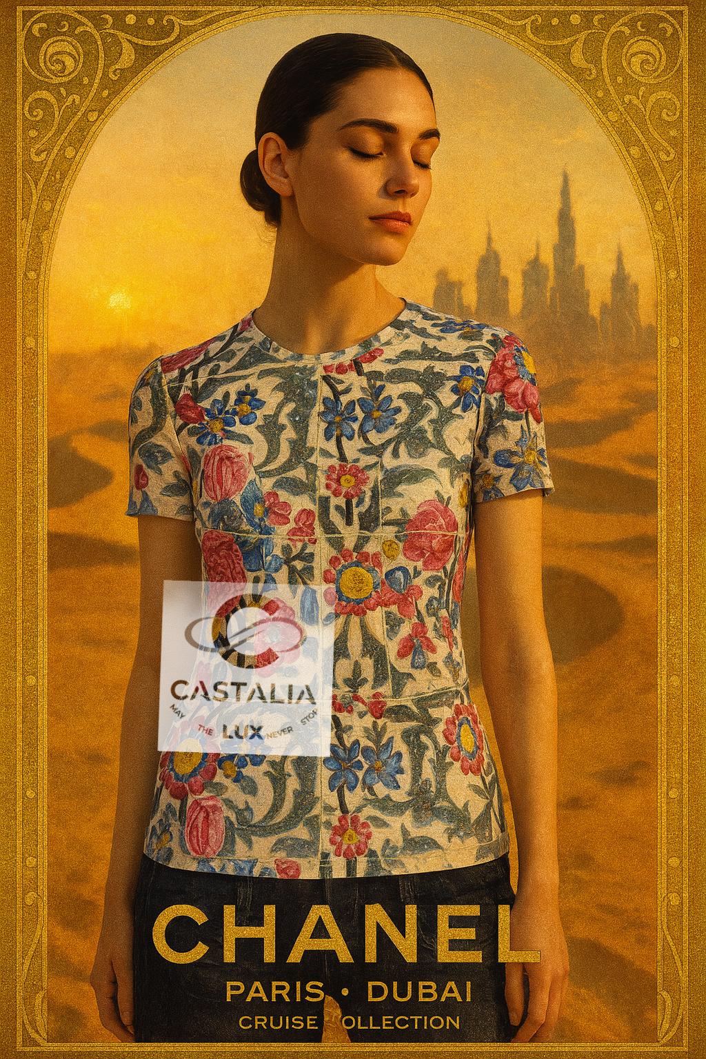 ~ Un arazzo di notti arabe immortalato in questa T-Shirt Chanel in jersey di misto seta della Collezione Cruise Paris / DUBAI 2015.

~ Questa T-shirt Chanel svela un caleidoscopio di fiori dipinti a mano, che riecheggiano le antiche piastrelle