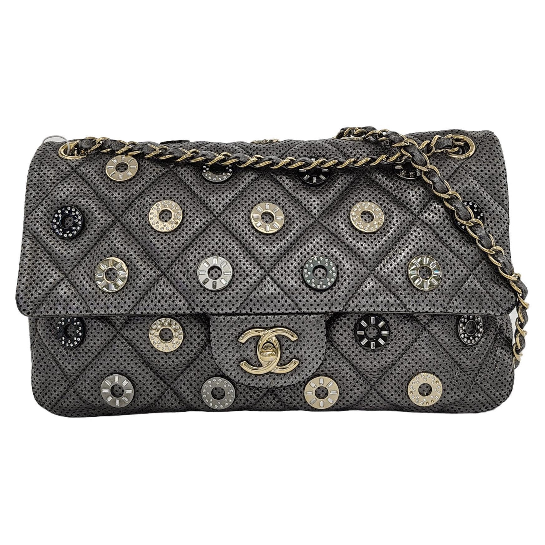 Chanel Paris-Dubai Jumbo Grey Perforated Lambskin Leather with Buttons Gold Hard