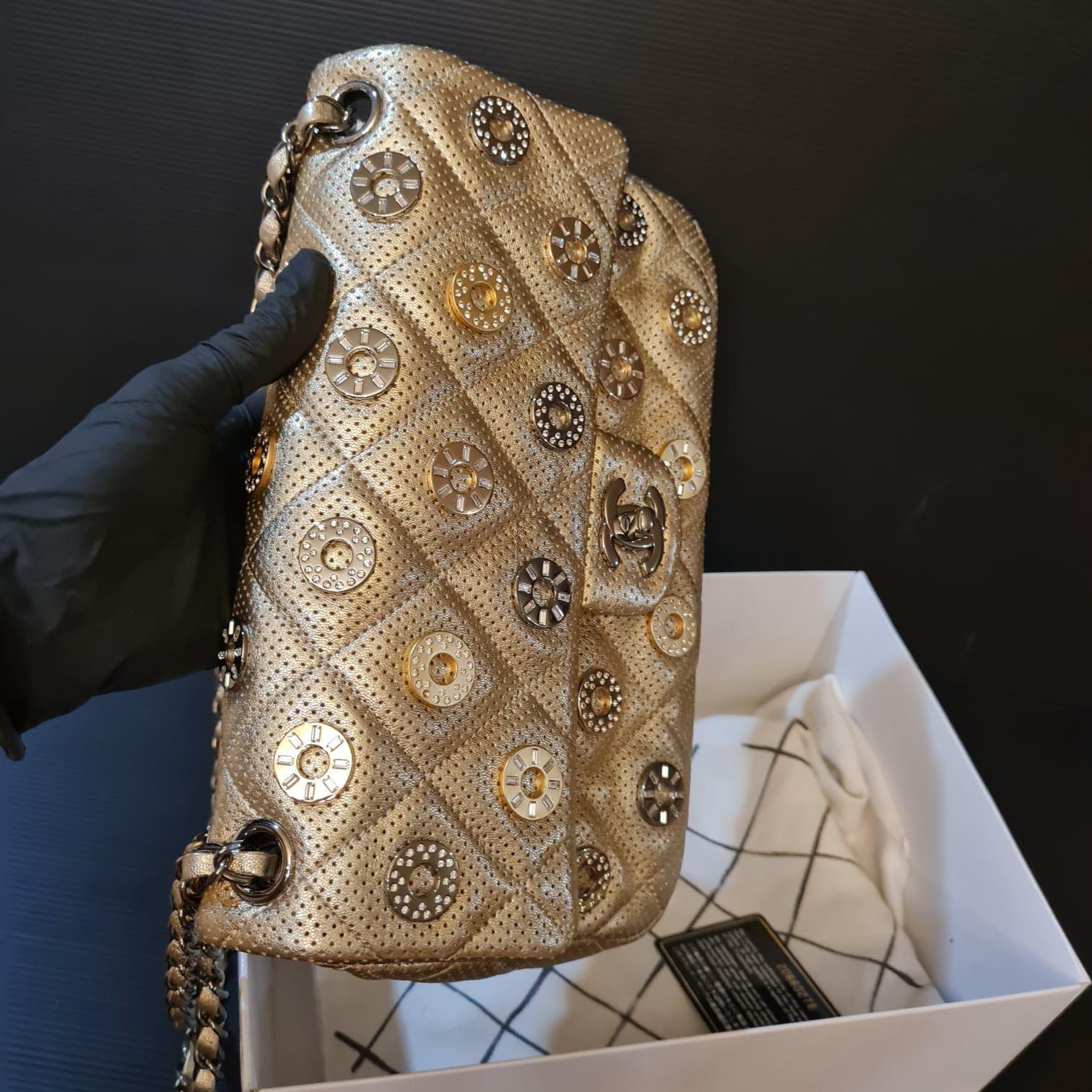 Brown Chanel Paris-Dubai Medallion Coin Gold Metallic Perforated Medium Flap Bag