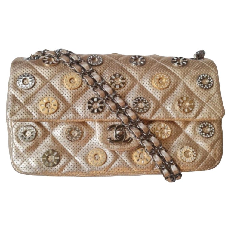 Chanel Gold Metallic Quilted Perforated Lambskin Paris-Dubai Medals Charm Flap Silver Hardware, 2015 (Very Good), Womens Handbag