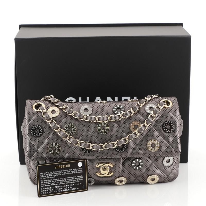 Gray Chanel Paris-Dubai Medals Flap Bag Quilted Embellished Perforated Leather Medium