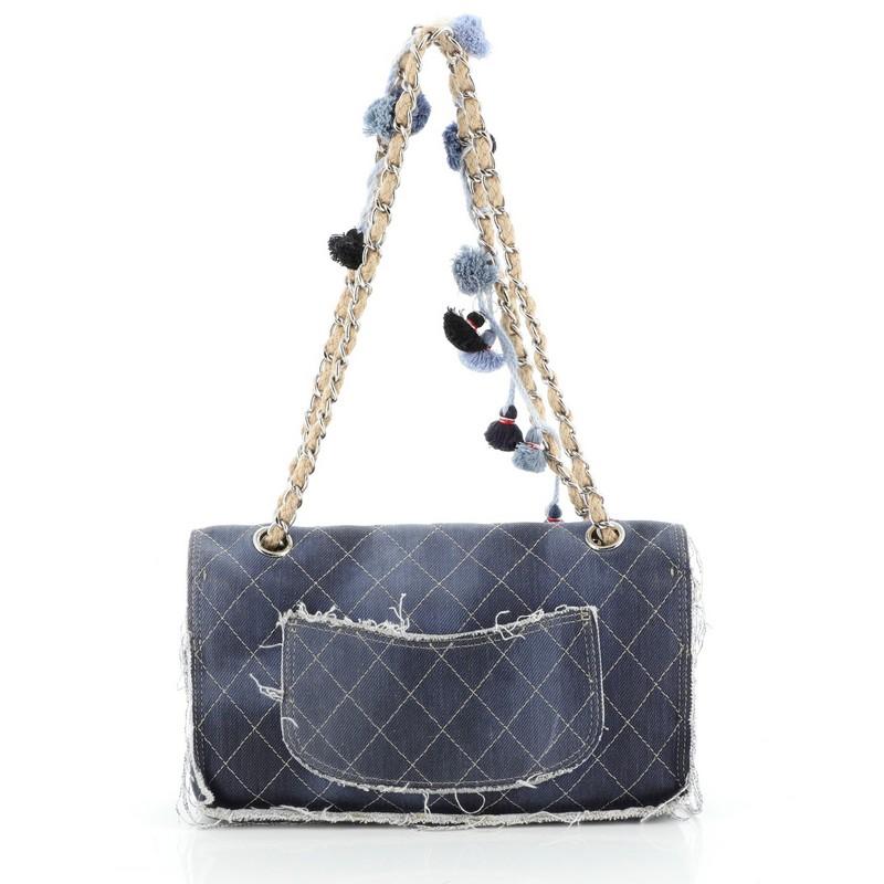 Gray Chanel Paris-Dubai Pom Pom CC Flap Bag Printed Denim Medium