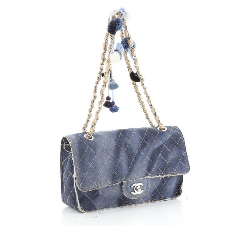 Chanel Paris Dubai Pom Pom Cc Flap Bag Printed Denim Medium At 1stdibs