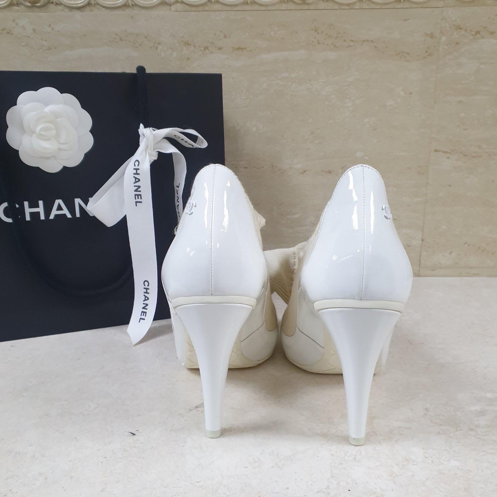 CHANEL Paris Dubai White Patent Leather Knitted Pumps Heels 4