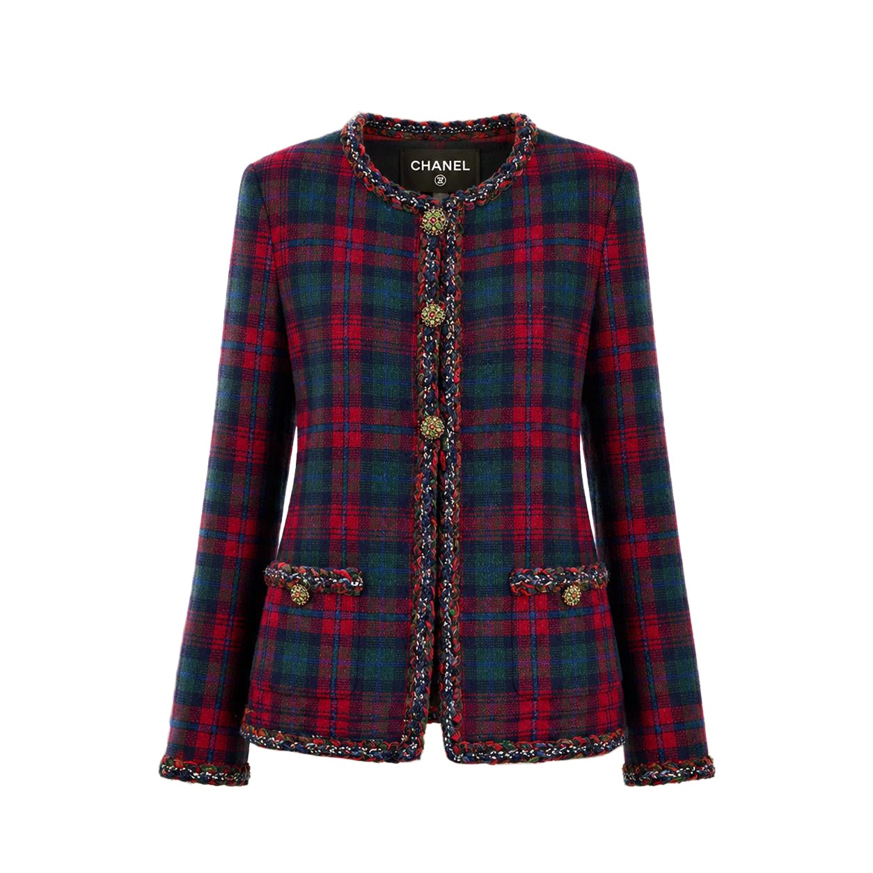 CHANEL Paris / Edinburgh Iconic Red Tartan Jacket 36 FR For Sale