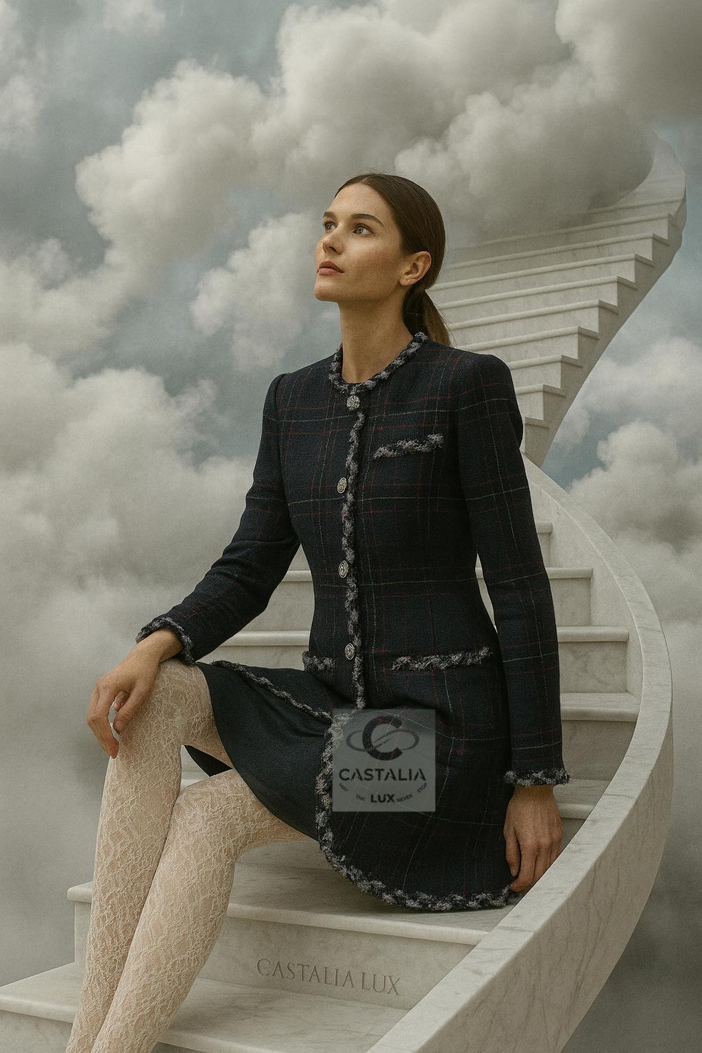 CHANEL Paris / Edinburgh Runway Navy Tartan Coat 36 FR In New Condition For Sale In Dubai, AE