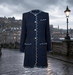CHANEL Paris / Edinburgh Runway Navy Tartan Coat 36 FR