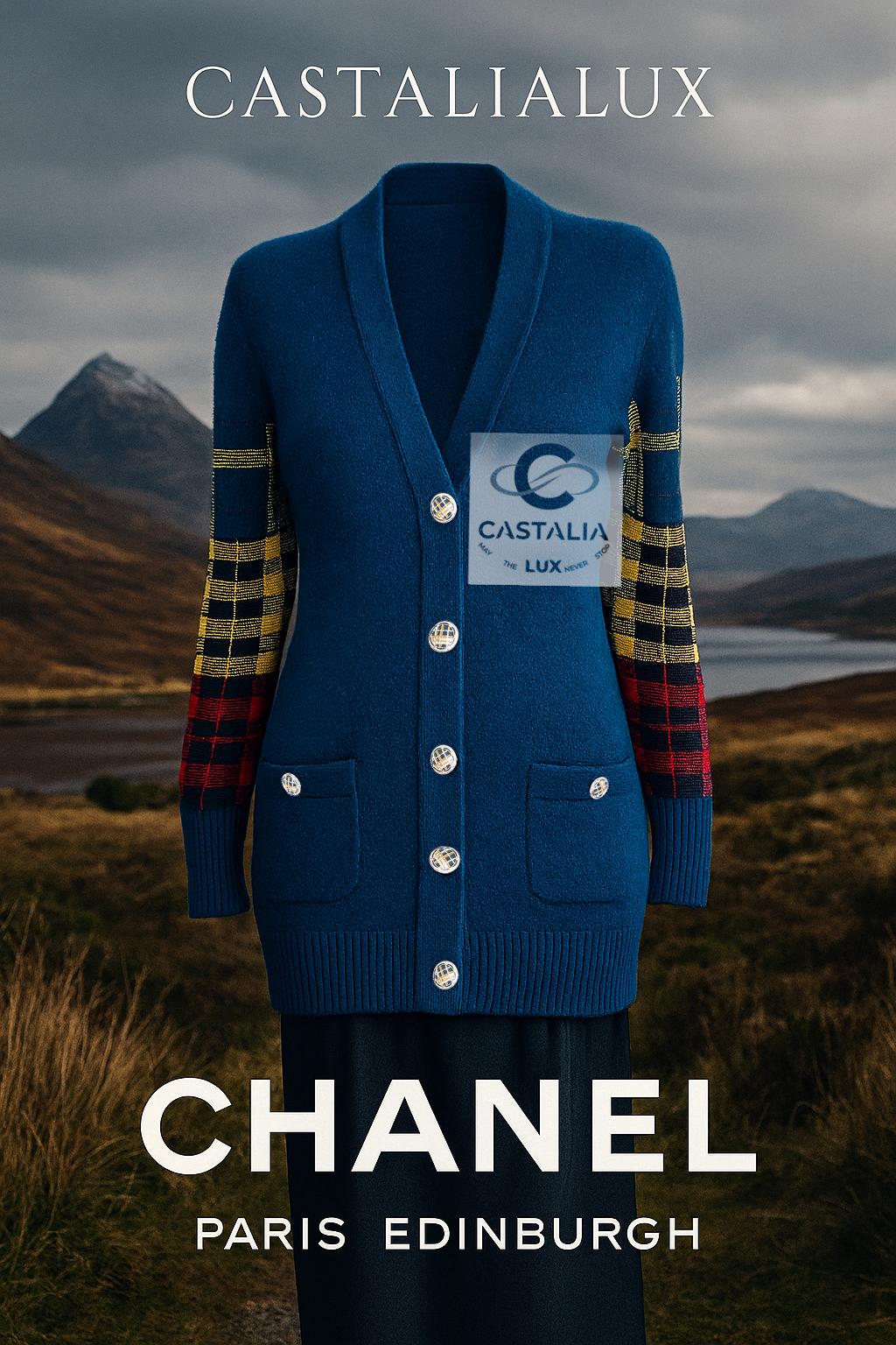 Chanel - Cardigan écossais en cachemire bleu saphir
2013 Paris / EDINBURGH Collection Metiers d'Art par Karl Lagerfeld

~ Une rêverie des Highlands en cachemire saphir, 
ce cardigan Chanel évoque la poésie féroce des clans écossais réimaginée à