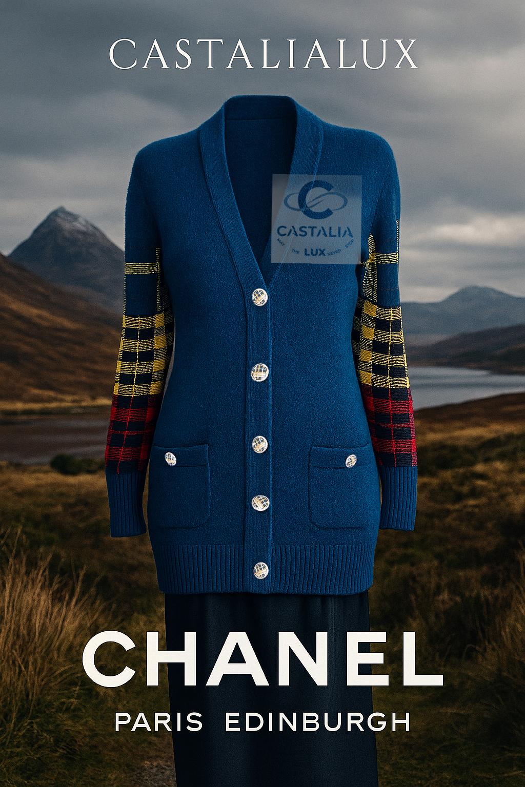 Chanel París / Edimburgo Cárdigan de tartán zafiro 38 FR en Nuevo estado para la venta en Dubai, AE