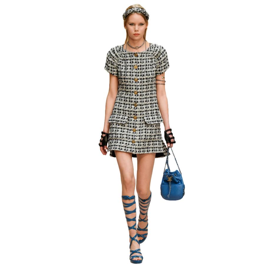 Chanel Paris/Greece Tweed Short-Sleeve Runway Mini Dress

- Stunning gold owl button down front
- Lined with navy silk throughout
- Gorgeous, intricate tweed detailing with cinched sleeves
-Small vents on each side with two front