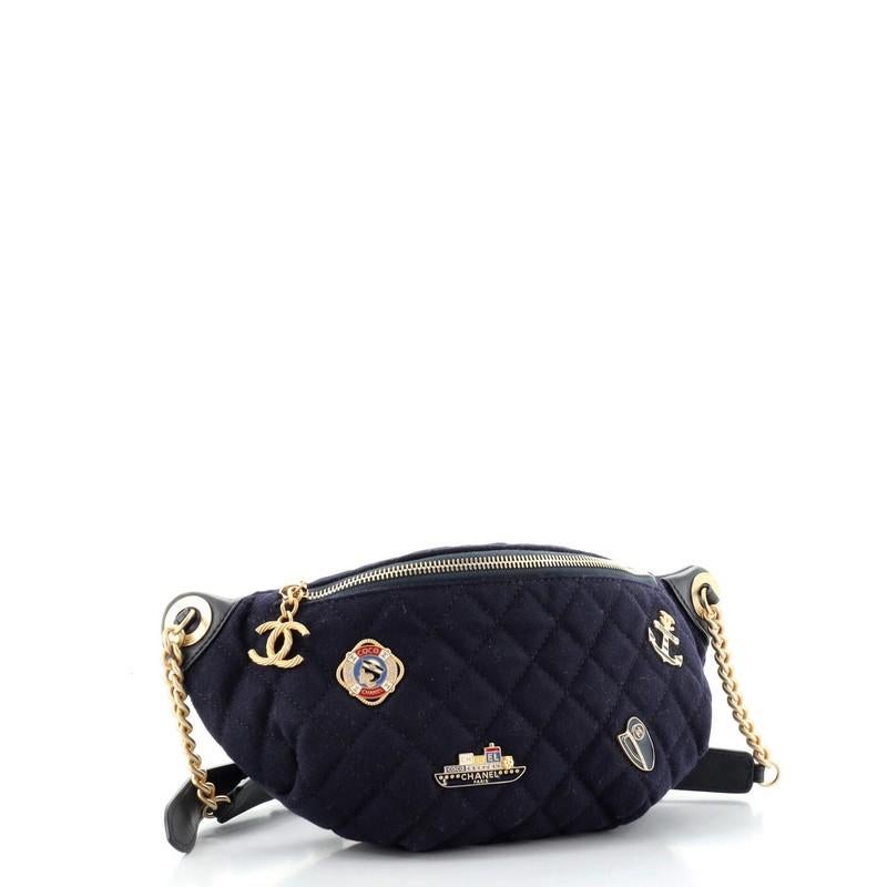 chanel navy blue/black quilted wool and leather paris hamburg charm belt bag