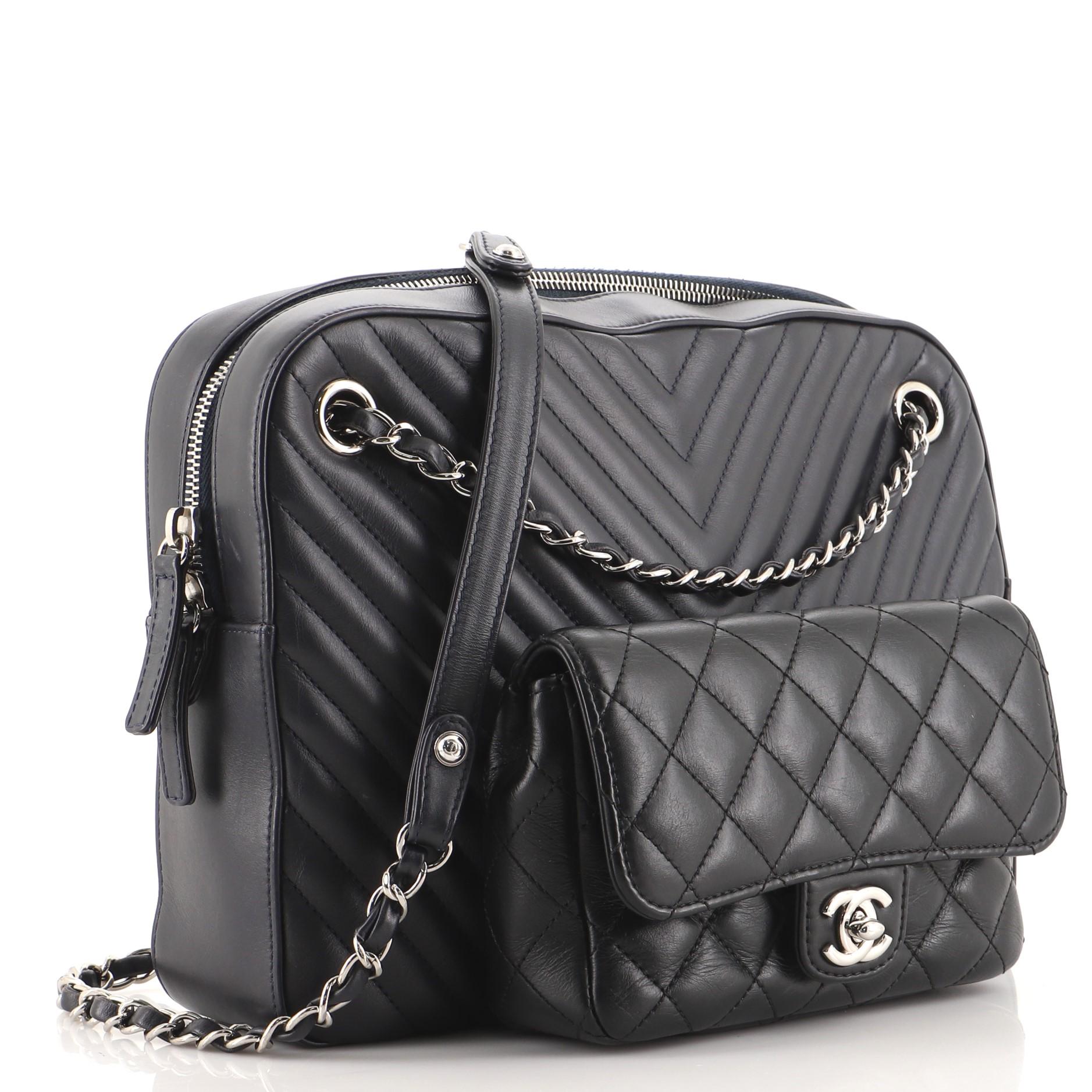 Chanel Paris-Hamburg Doppelte Kameratasche Tasche Chevron und Diamant Gestepptes Kalbsleder (Schwarz)