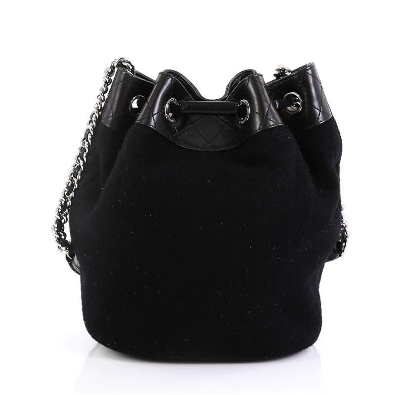 Black Chanel Paris-Hamburg Drawstring Bucket Bag Embroidered Wool Small