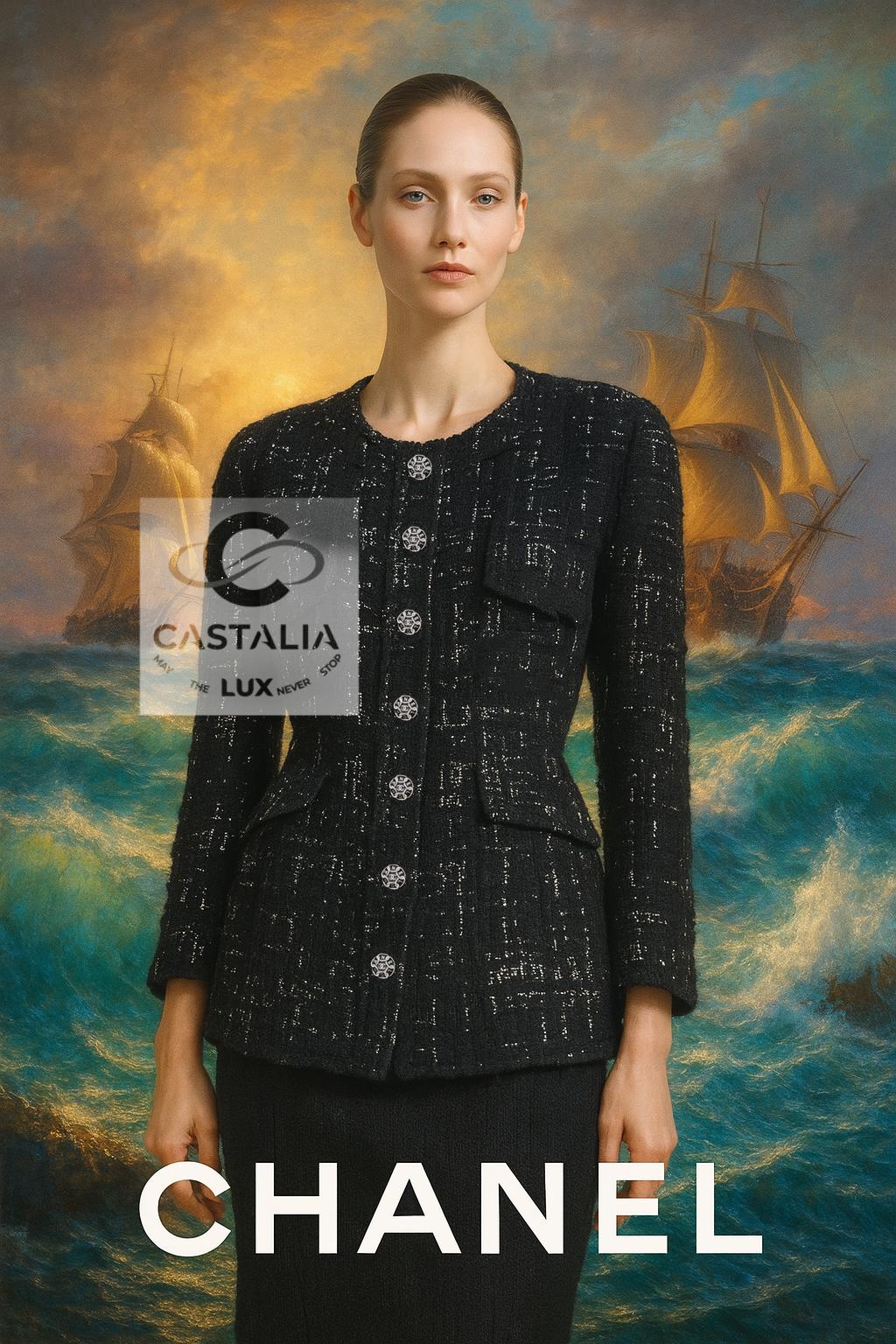 ~ De la legendaria Colección París / HAMBURGO 2018 del Maestro Karl Lagerfeld, 
esta chaqueta de tweed negro de Chanel es una oda a la elegancia nocturna y a la arquitectura silenciosa de los puertos bajo la luz de la luna

~ esta pieza sigue siendo