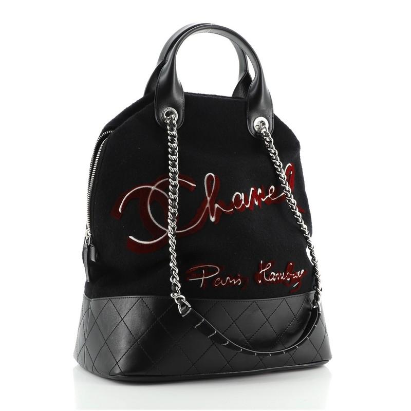 Chanel Paris-Hamburg Tote Bestickte Wolle mit gestepptem Kalbsleder Groß (Schwarz)