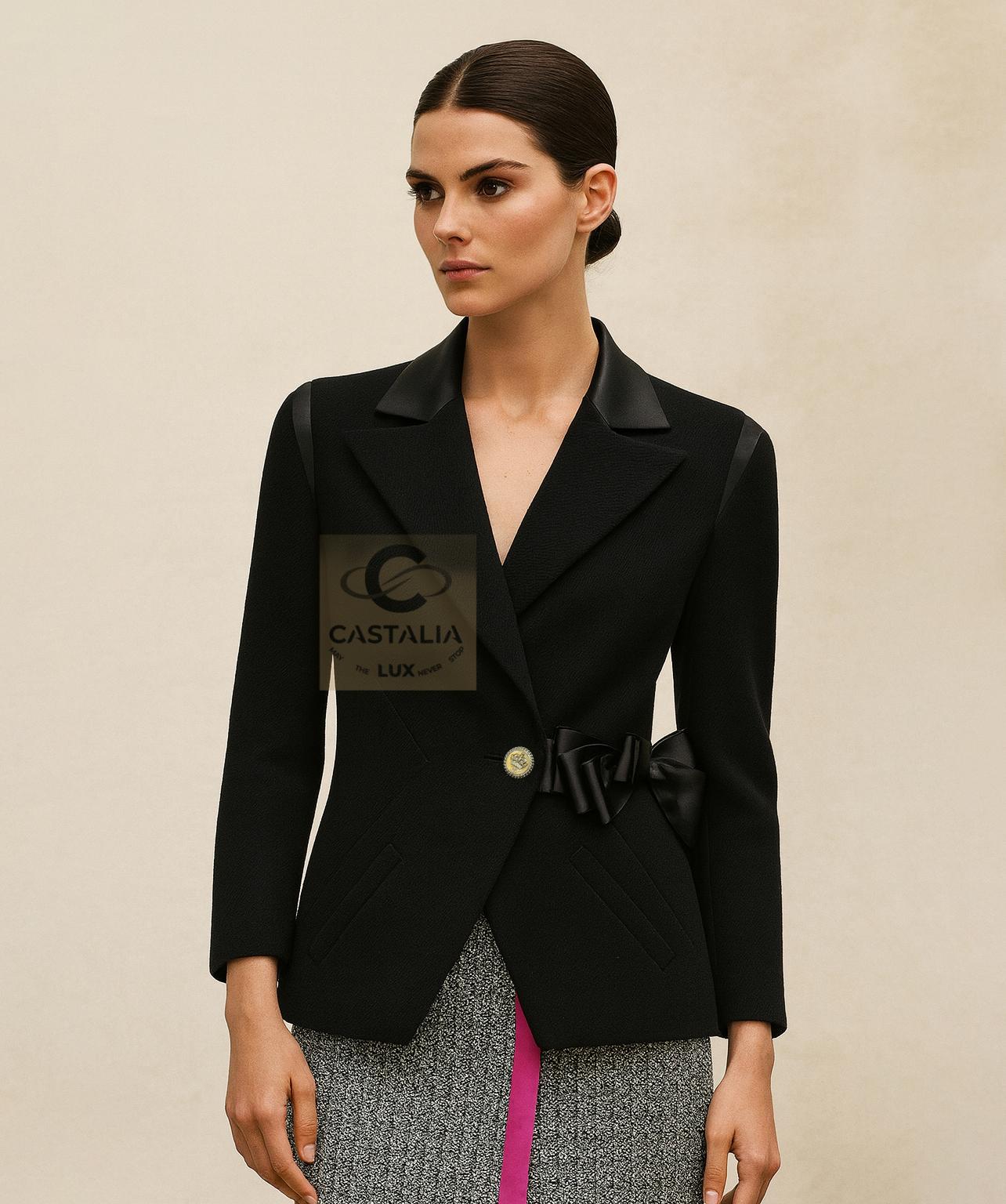 CHANEL Paris / London Giacca in tweed nero con fiocco in vendita 1