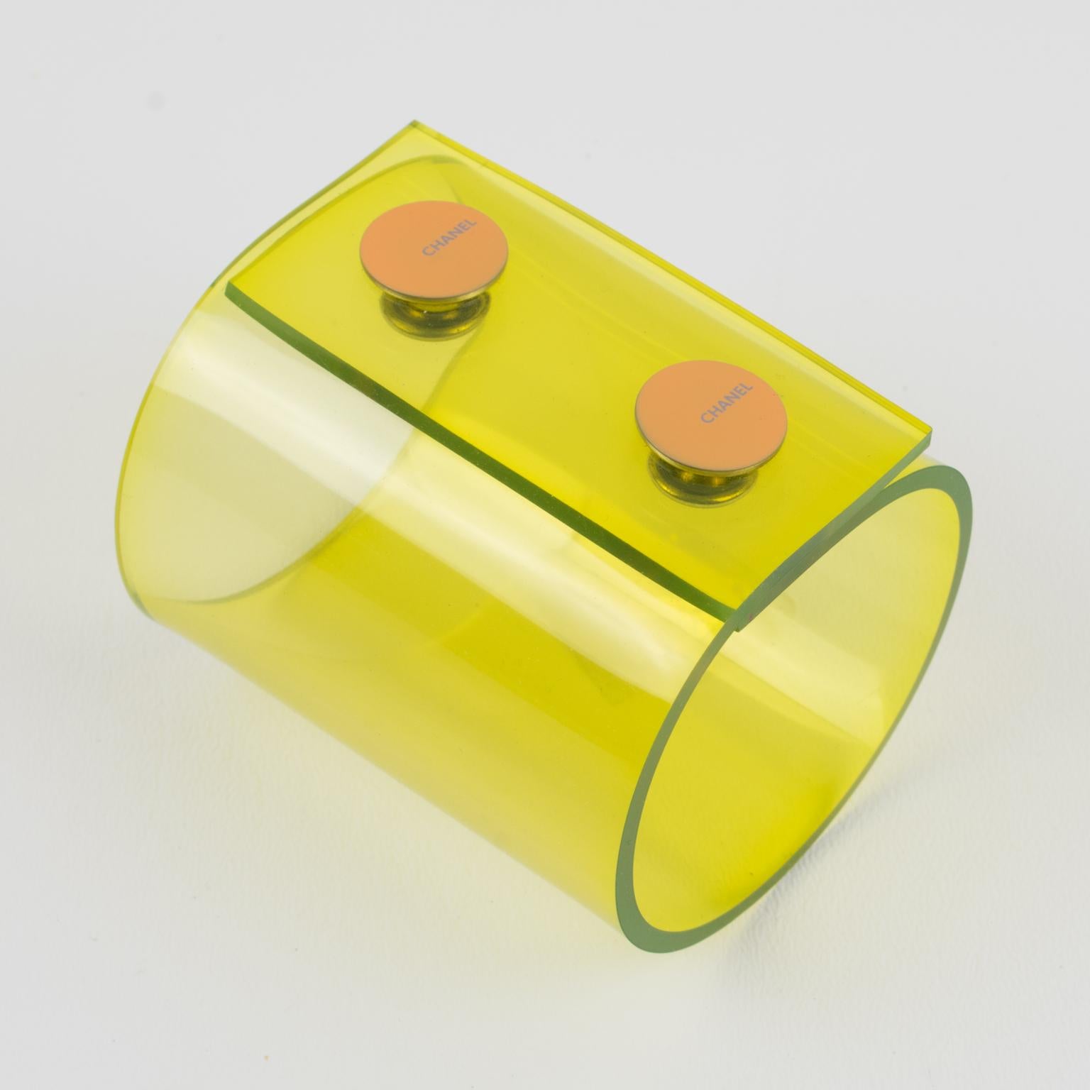 Chanel Paris Massive Transparent Neon Yellow Bracelet In Excellent Condition In Atlanta, GA