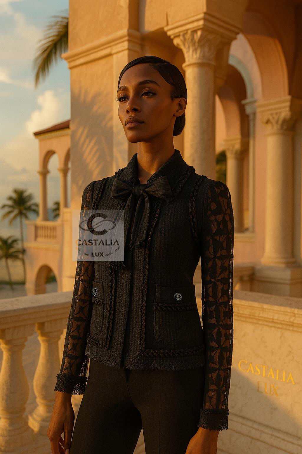 CHANEL Black Tweed & Lace Jacket with Jewel Trim Paris / MIAMI Cruise Collection by Karl Lagerfeld
 ~ Original boutique value over $12,000

~ An opulent relic of twilight elegance, 
this rare Chanel jacket from the Paris–Miami Cruise runway is a