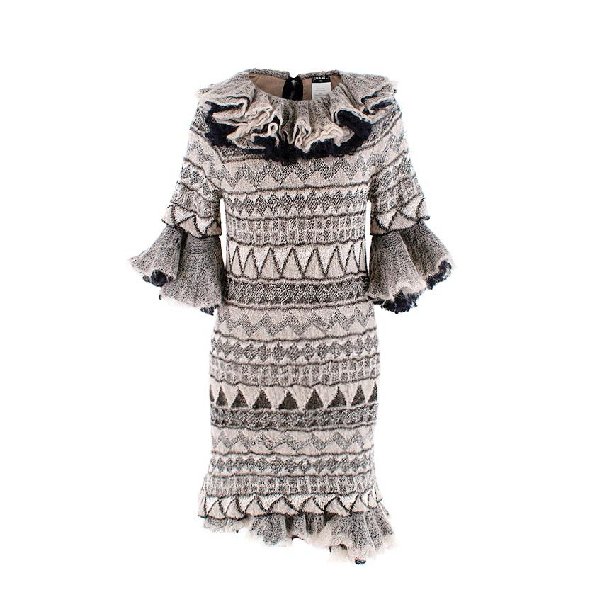 Chanel Paris-Moscou Ruffled Black & Taupe Mohair Blend Knit Dress For Sale