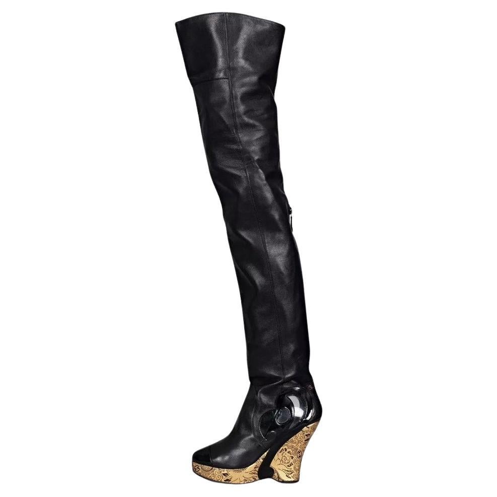 Chanel Paris-Moscow Black Leather Over-the-Knee Wedge Boots - Size 37.5