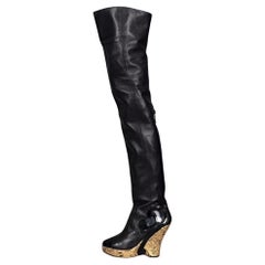 Chanel Paris-Moscow Black Leather Over-the-Knee Wedge Boots - Size 37.5