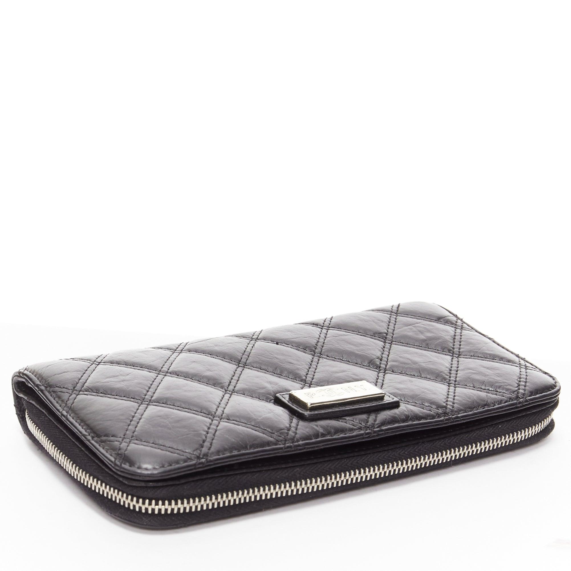 CHANEL Paris New York black quilted leather silver logo long zip wallet For Sale 1