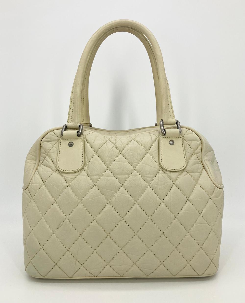 Brown Chanel Paris New York Cream Distressed Bowling Tote For Sale