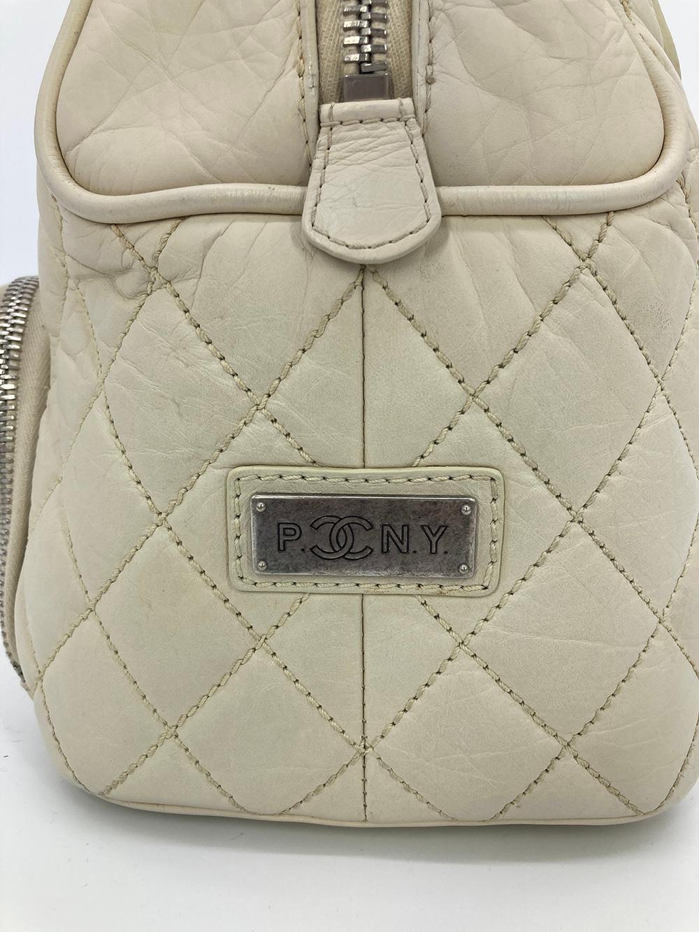 Women's Chanel Paris New York Cream Distressed Bowling Tote For Sale