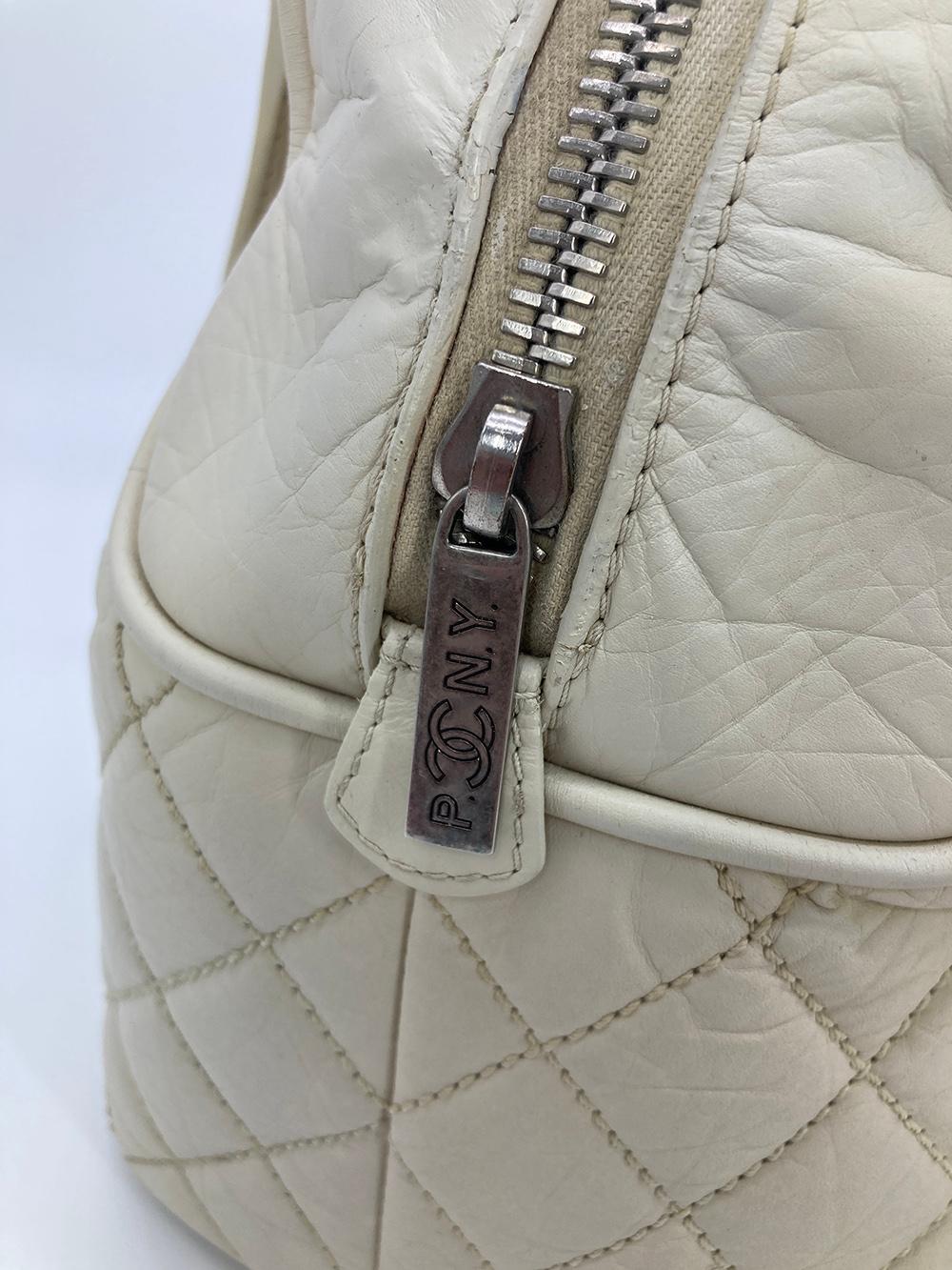Chanel Paris New York Cream Distressed Bowling Tote For Sale 2