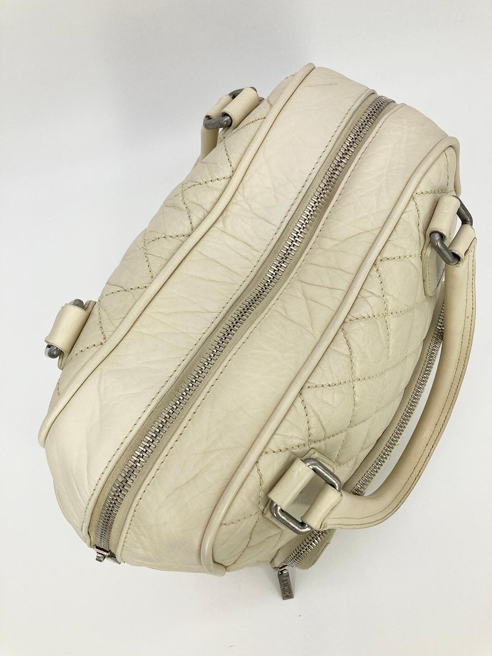 Chanel Paris New York Cream Distressed Bowling Tote For Sale 4