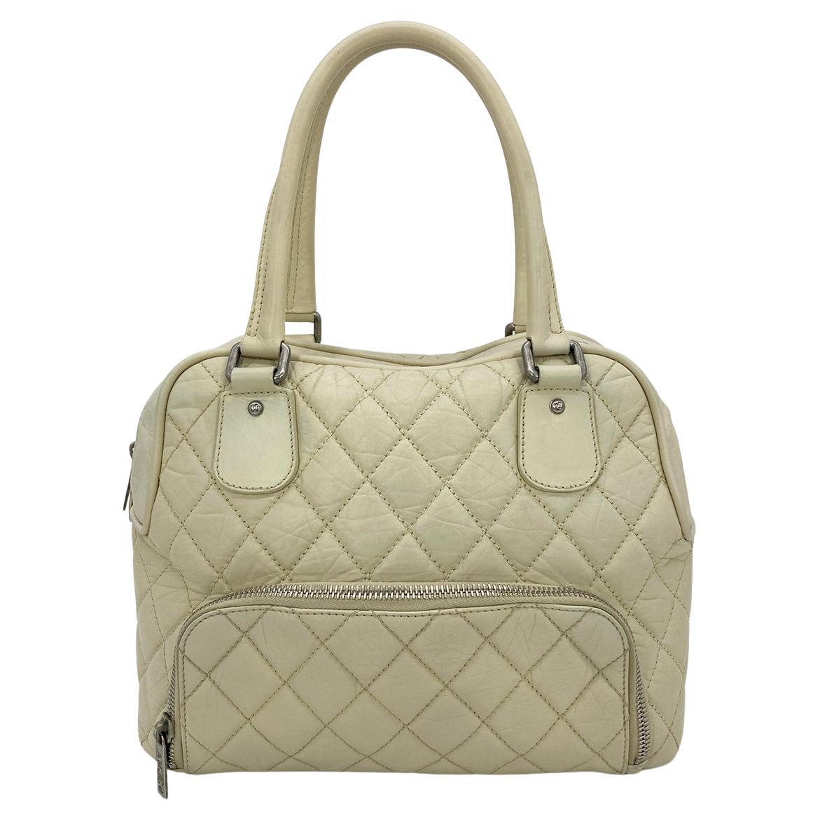 Chanel Paris New York Cream Distressed Bowling Tote For Sale
