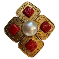 Chanel Paris Red Glass and Faux Pearl Brooch Collection 23 Chanel Paris Red Glass and Faux Pearl Brooch Collection 23