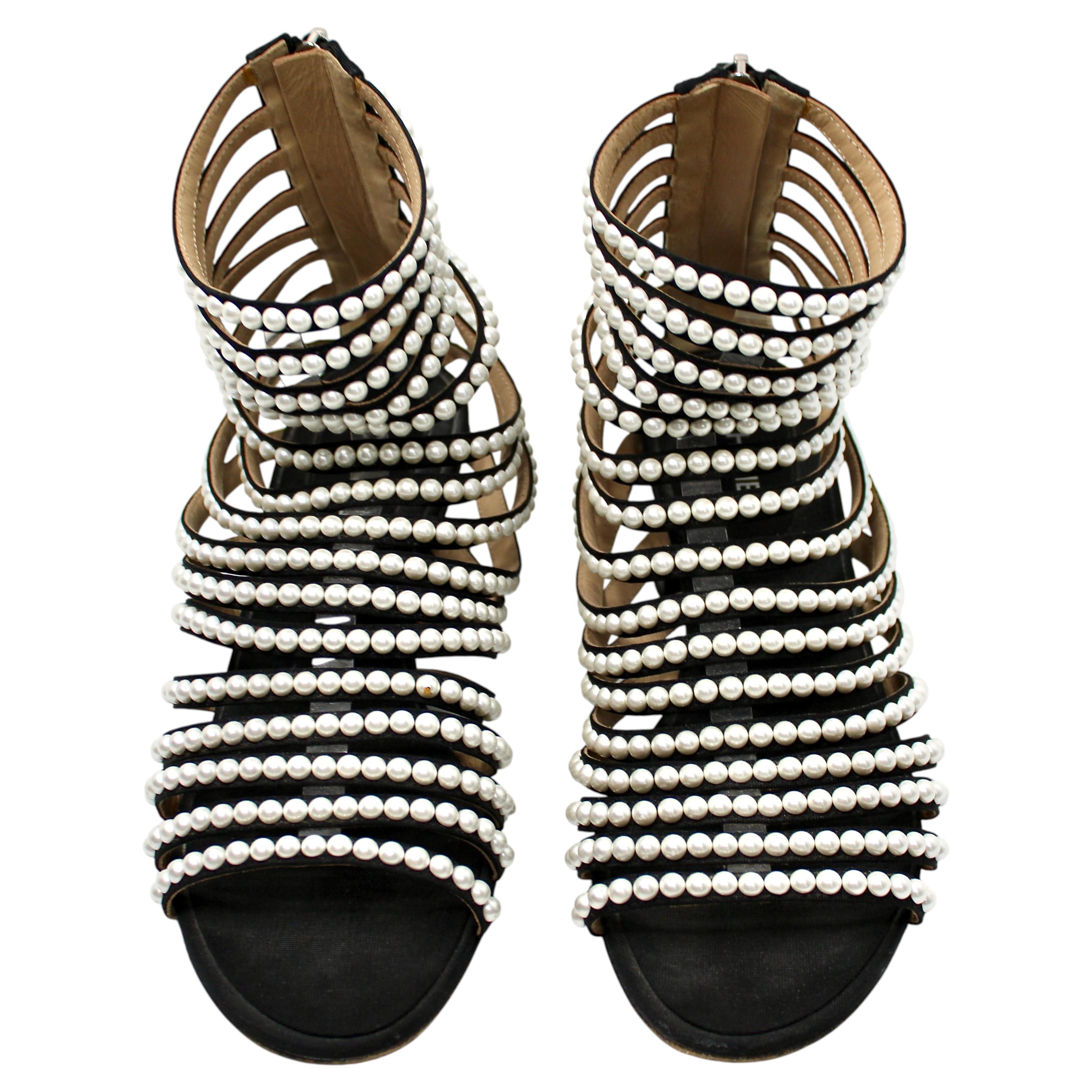 Chanel Paris-Rome A/W 2016 Costume Pearl Embellished Black Gladiator Sandals