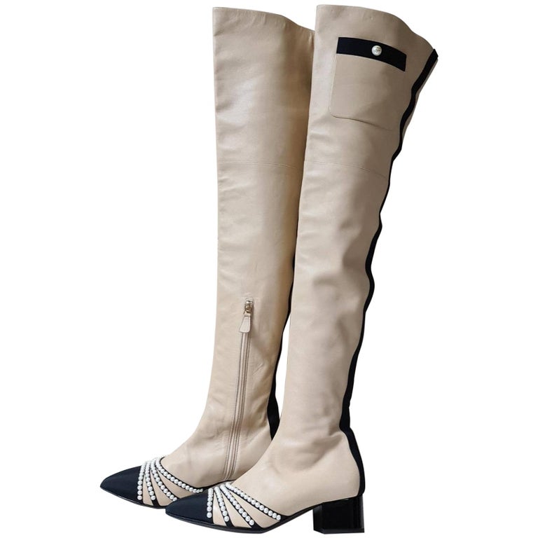Chanel Paris-Rome Beige Leather Pearl Chain Over Knee Boots