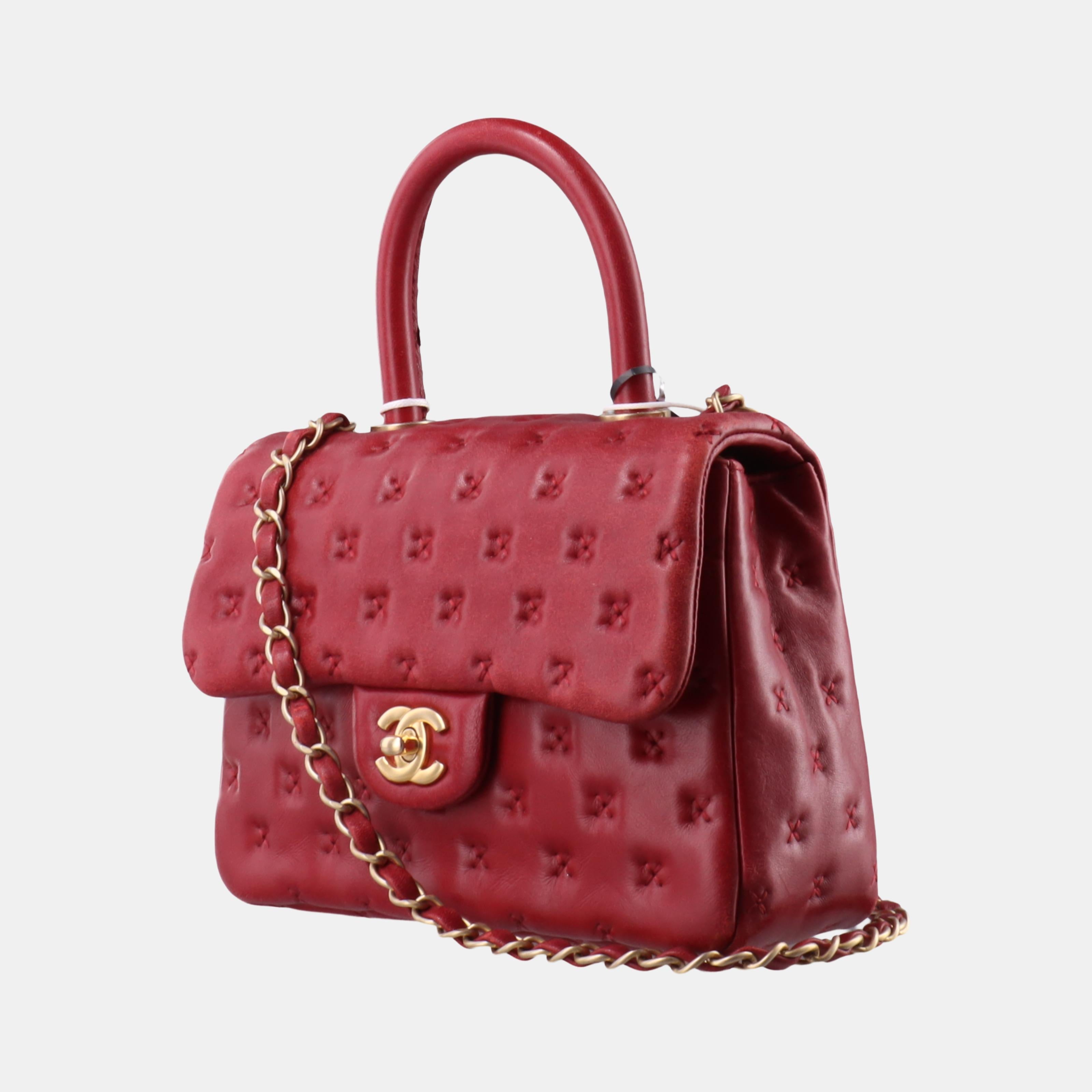 Chanel Paris-Rome Cross Stitch Mini Coco Handle Red Lambskin Crossbody Bag, 2017 In Good Condition In AUBERVILLIERS, FR