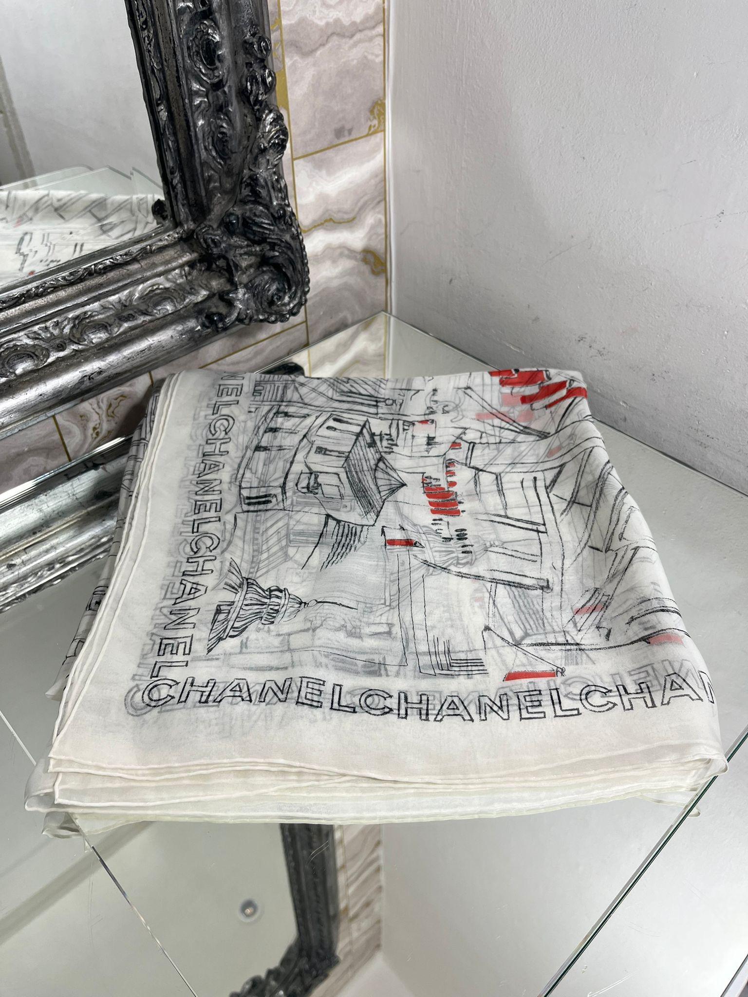 Gray Chanel 'Paris Roofs' Printed Silk Scarf For Sale
