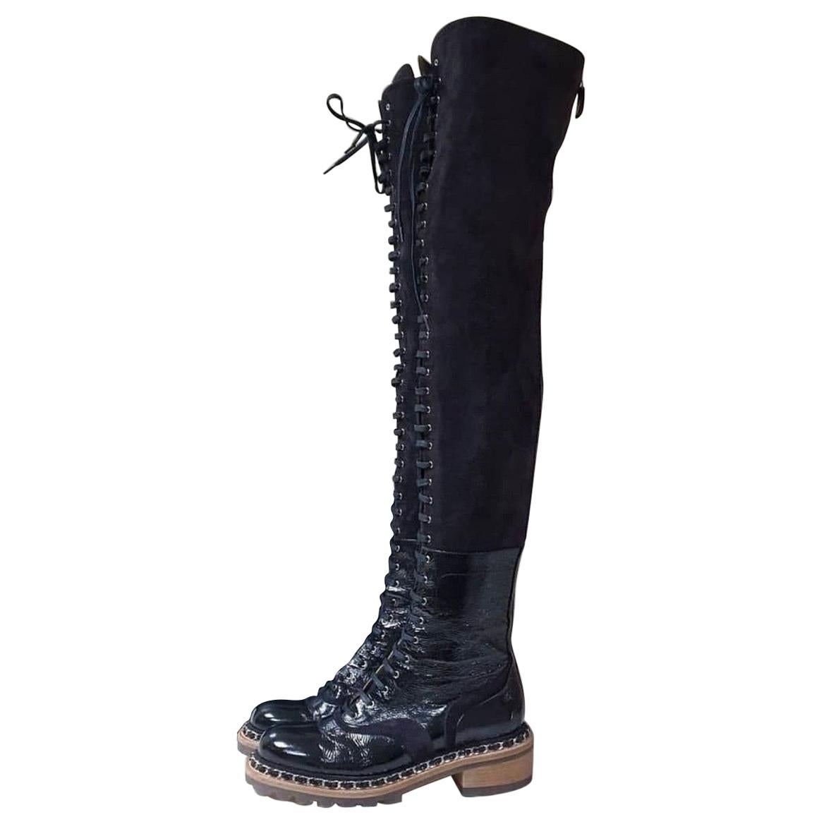 Chanel Paris Salzburg Black Leather Suede Over Knee Boots at 1stDibs