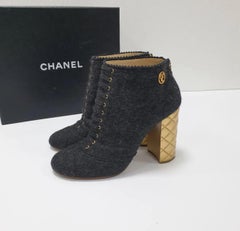 CHANEL Paris-Salzburg Grey Wool Quilted Gold Heeled Ankle Boots