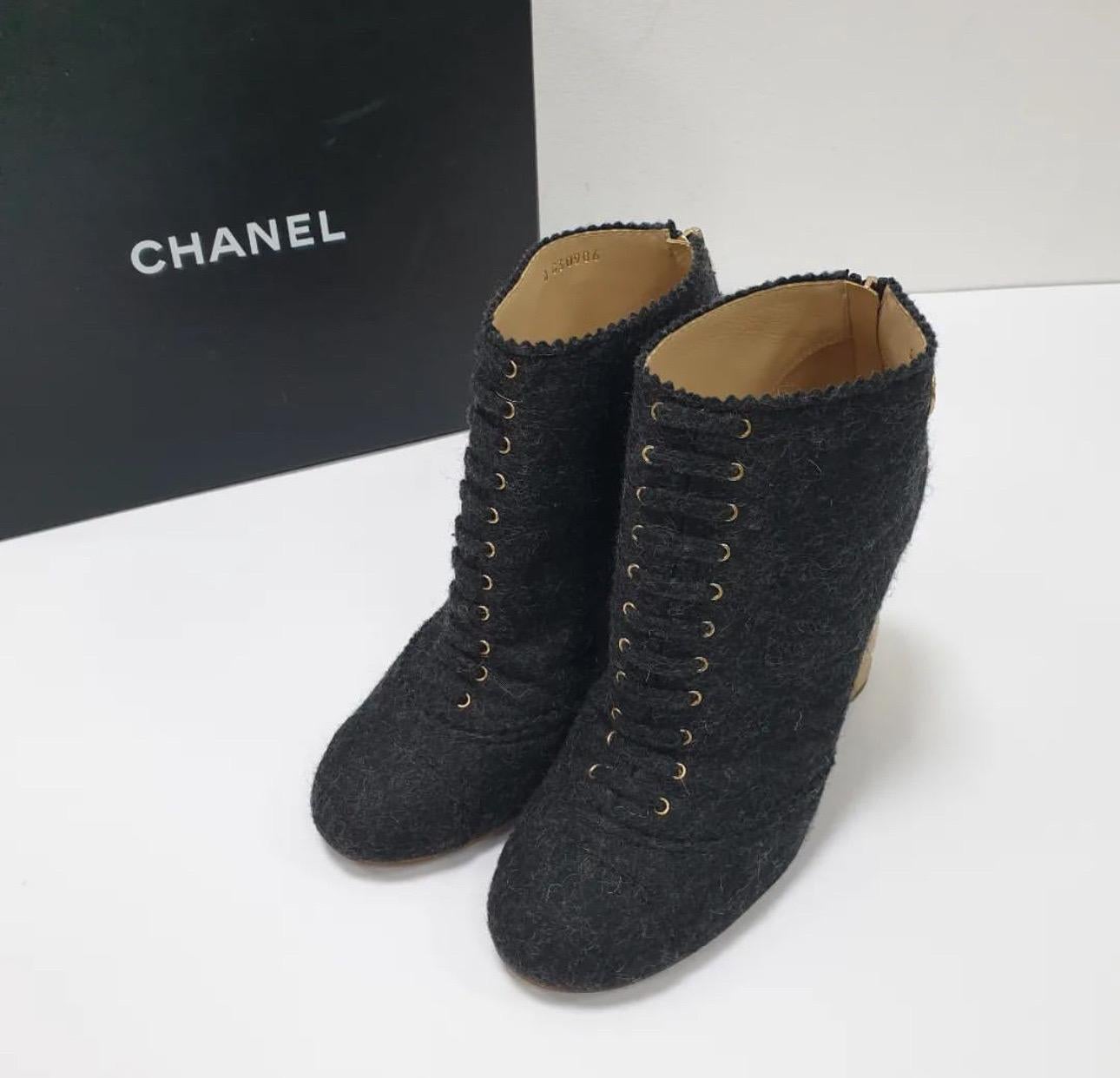 Women's CHANEL Paris-Salzburg Grey Wool Quilted Gold Heeled Ankle Boots  For Sale