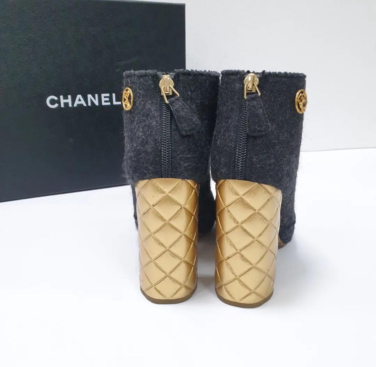 CHANEL Paris-Salzburg Grey Wool Quilted Gold Heeled Ankle Boots  For Sale 1
