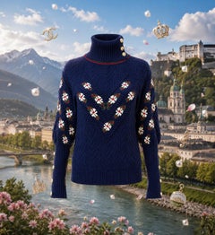 CHANEL Paris / SALZBURG Marinefarbener Pullover mit Tiroler Blumenmuster 34 FR